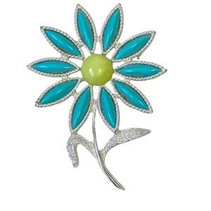 Vintage Sarah Coventry Daisy Time Flower Brooch Pin Silver Tone Turquoise Signed